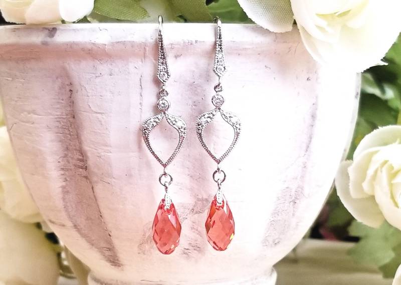 Padparadscha Orange Salmon Tropfen Silber Ohrringe~ Crystallized™ - Swarovski Elements~Braut~ Brautjungfer~Abschlußball~ von JsVibrantCreations