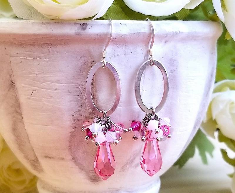 Rosa Crystallized™ - Swarovski Elements Cascade Cluster Silber Ovale Creolen Ohrringe~Frühling Ohrringe~ von JsVibrantCreations