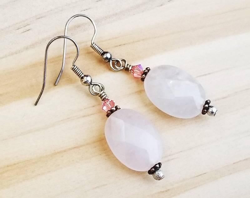 Rosa Rund Oval Facettierte Rosenquarz Ohrringe ~ Swarovski Elements Valentinstag Geburtstag Abschlussball Hochzeit Party Geschenk Für Mama von JsVibrantCreations