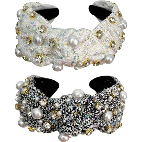 Jseng 2 x handgefertigtes Perlengeflecht-Stirnband, Stoff, Kreuz, Strass, geknotete Stirnbänder, elastisches Haarband, breites Haarband für Damen von Jseng