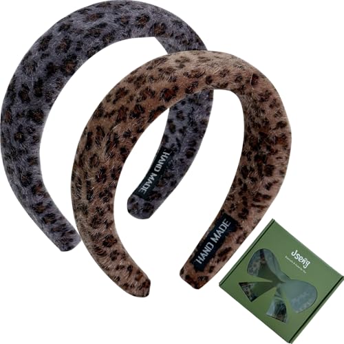 Jseng Geknotete Stirnbänder für Damen – Leopardenmuster, Samt, gepolsterte Stirnbänder für Mädchen, breite Stirnbänder, dicke Haarbänder für stilvolles, bequemes Haar-Accessoire, 2 Packungen von Jseng