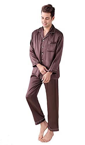 Jsix Herren Seide Pyjama Set 16.5 Momme Seide Lang Schlafanzug Hausanzug Nachtwäsche (Coffee, L) von Jsix