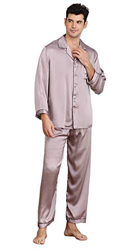 Jsix Herren Seide Pyjama Set 16.5 Momme Seide Lang Schlafanzug Hausanzug Nachtwäsche (Grau, XXL) von Jsix