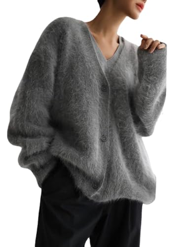 Jsrichhe Damen Herbst und Winter Weiche Imitation Nerz Strickpullover Cardigan Faul Lose Langarm V-Ausschnitt Einfarbig Pullover Jacke, dunkelgrau, M von Jsrichhe