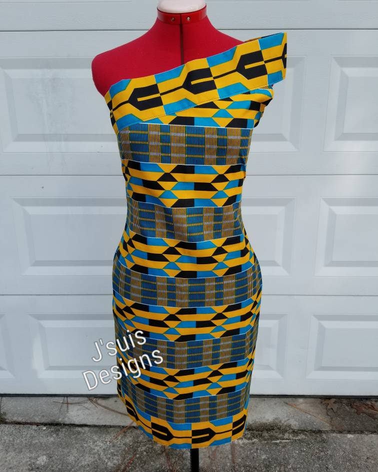 Ankara Gelb, Blau Und Schwarz Schulter Cocktailkleid von JsuisDesigns