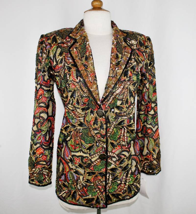 Jtrimming Vintage Blazer Jacke Handarbeit Perlen & Pailletten Auf Seide Style 5006J von Jtrimming