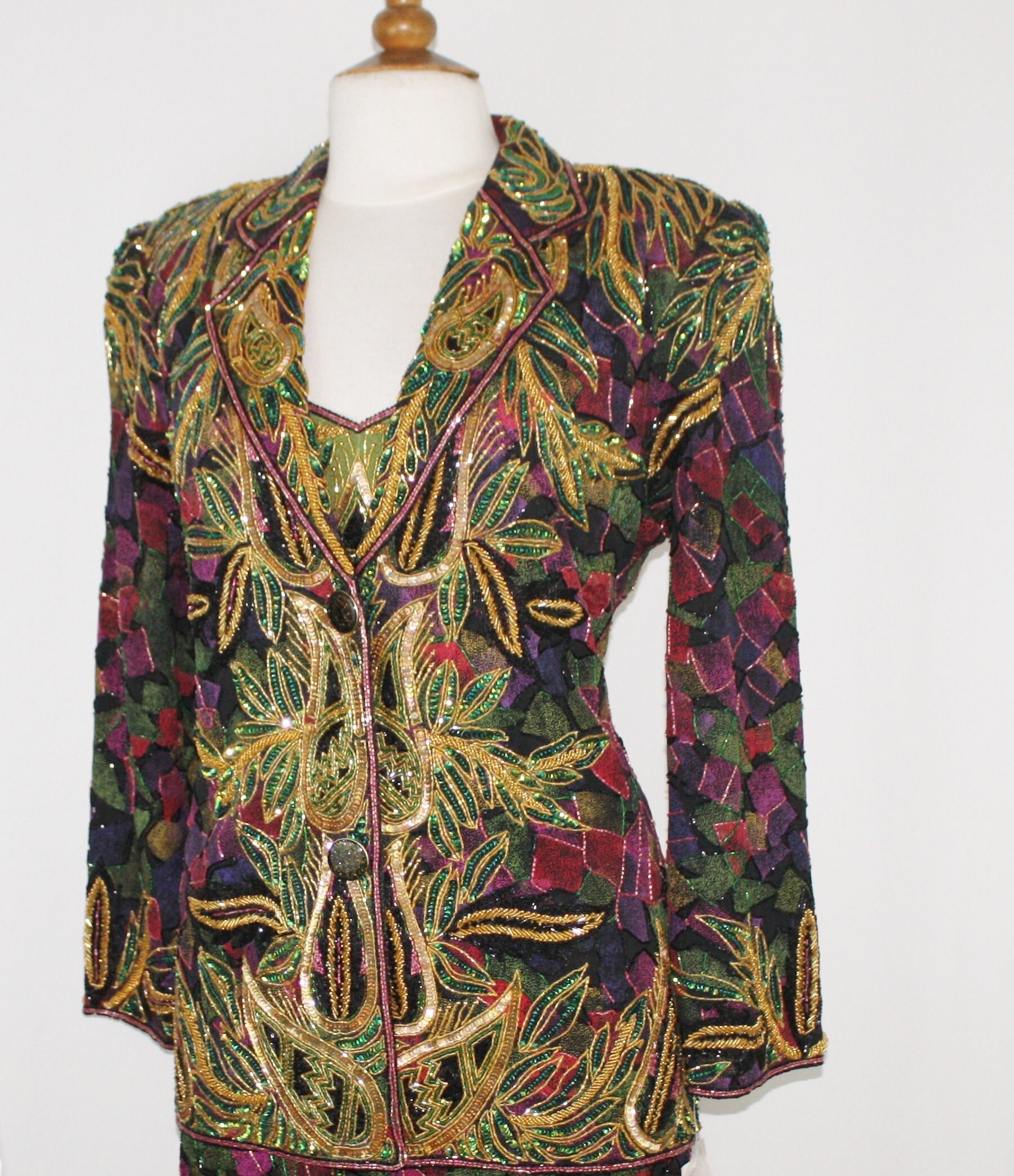 Jtrimming Vintage Blazer Jacke Handarbeit Perlen & Pailletten Handprint Auf Seide Style 5046J von Jtrimming