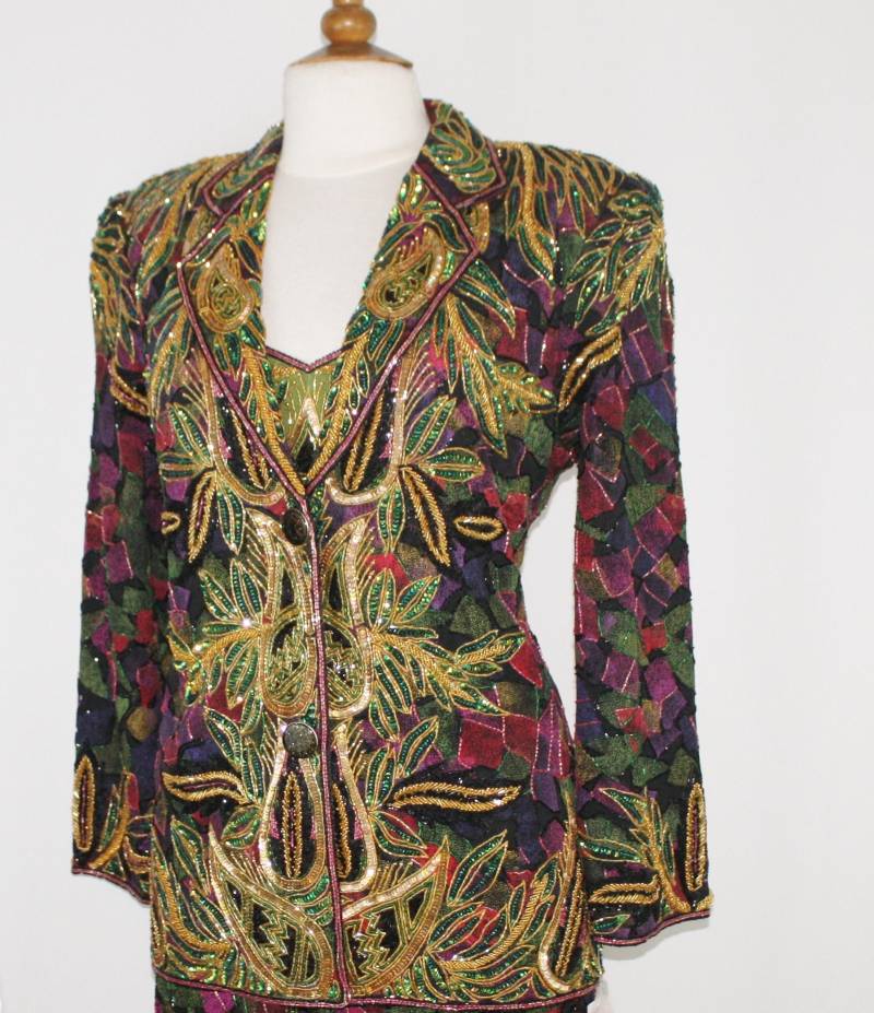 Jtrimming Vintage Blazer Jacke Handarbeit Perlen & Pailletten Handprint Auf Seide Style 5046J von Jtrimming