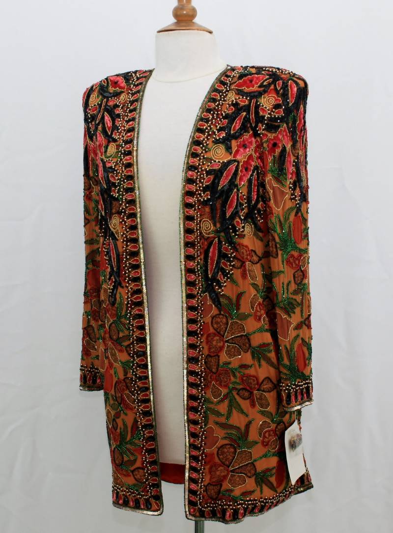 Jtrimming Vintage Jacke 32 "Zoll Länge Handarbeit Perlen & Pailletten Und Handdruck Auf Seide Style 6100 von Jtrimming