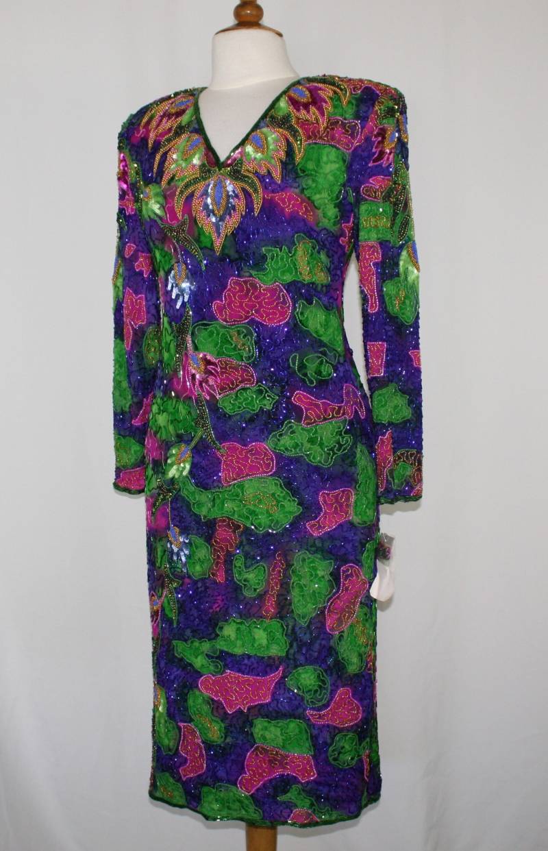 Jtrimming Vintage Kleid Handarbeit Perlen & Pailletten Handdruck Auf Seide Style 4008 von Jtrimming