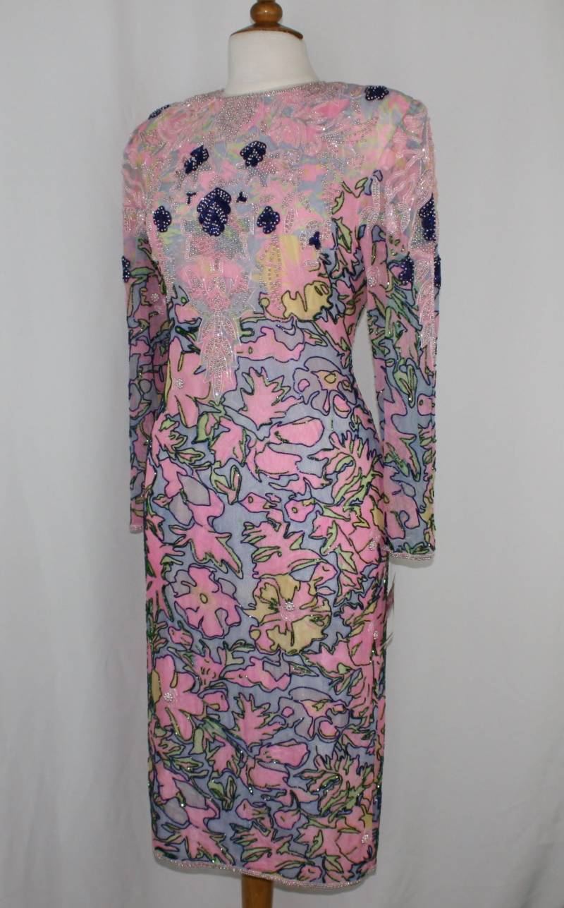 Jtrimming Vintage Kleid Handarbeit Perlen & Pailletten Und Handdruck Auf Seide Style 3070 von Jtrimming