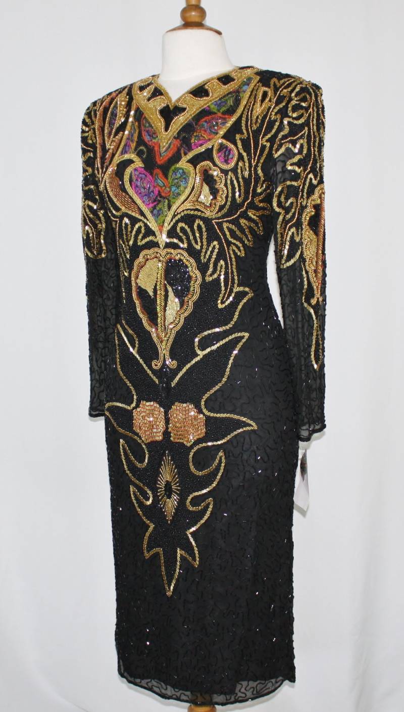 Jtrimming Vintage Kleid Länge 45 "Zoll Handarbeit Perlen & Pailletten Auf Seide Stil 3015 von Jtrimming