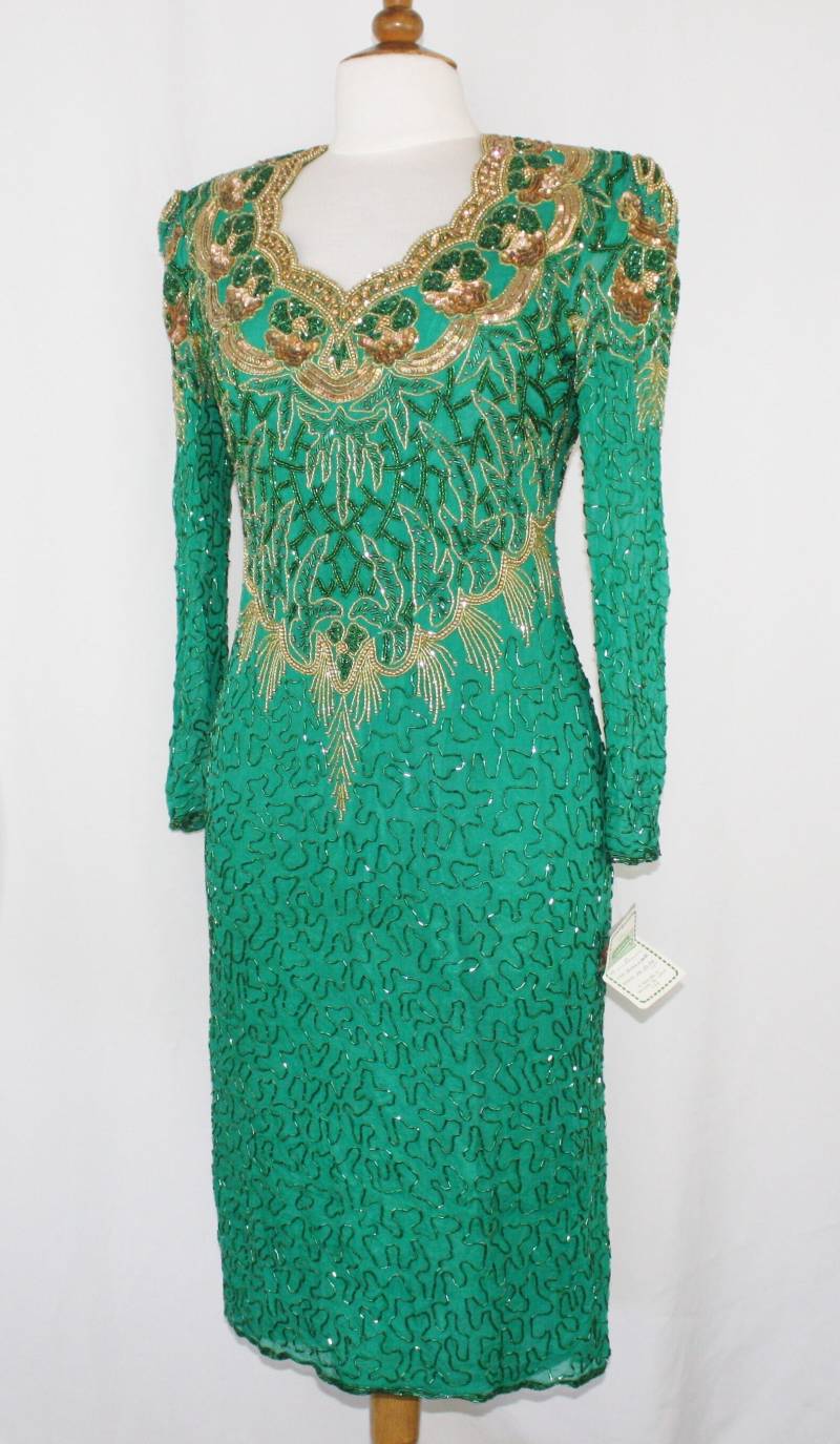 Jtrimming Vintage Kleid Langarm Perlen & Pailletten Hand Arbeit Auf Seide Stil 5076 von Jtrimming