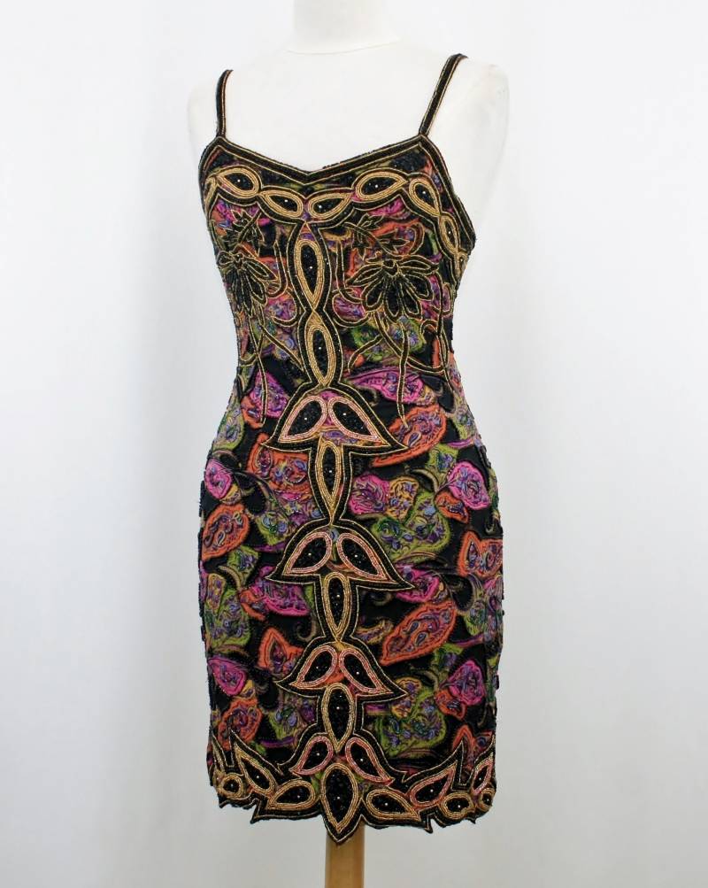 Jtrimming Vintage Kurzes Kleid Handarbeit Perlen & Handdruck Auf Seide Style 2027M von Jtrimming