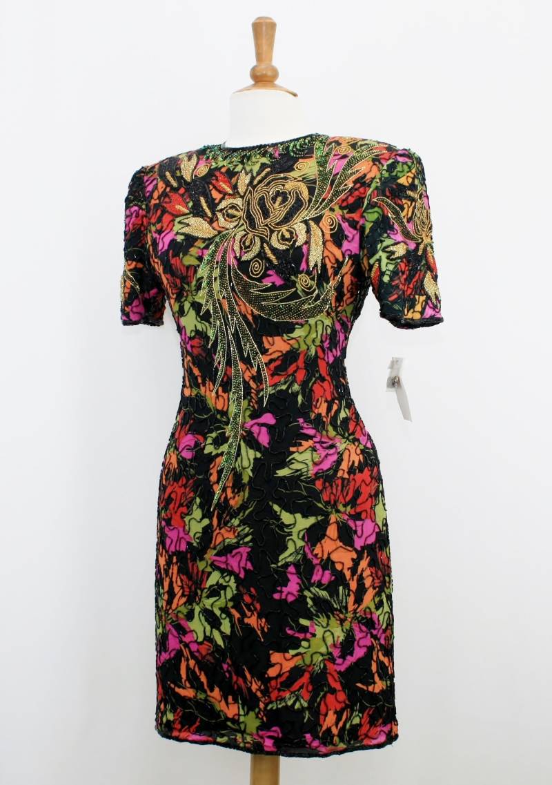 Jtrimming Vintage Mini Kleid Handarbeit Perlen & Pailletten Und Handdruck Auf Seide Style 2048 von Jtrimming