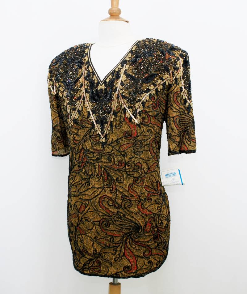 Jtrimming Vintage Tunika Bluse Handarbeit Perlen & Pailletten Und Handdruck Auf Seide Style 6130 von Jtrimming