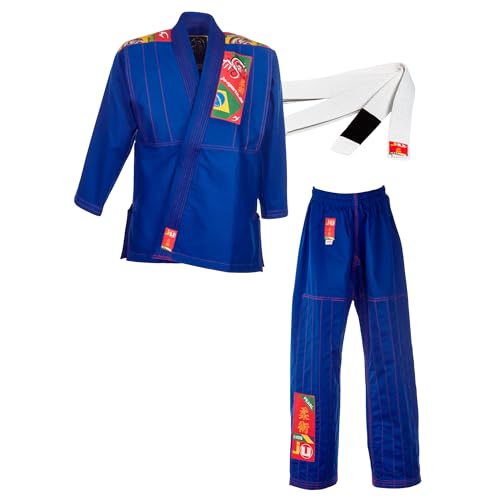 Ju-Sports BJJ Anzug Kids Blau 140 I Leichter, schlanker Brazilian Jujutsu Anzug speziell für Kinder I BJJ Gi im bunten Design I Inkl. weißem Gurt I 100% Baumwolle von Ju-Sports