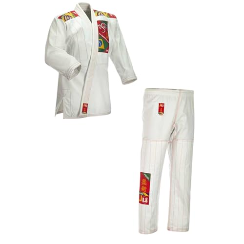 Ju-Sports BJJ Anzug Kids Weiß 150 I Leichter, schlanker Brazilian Jujutsu Anzug speziell für Kinder I BJJ Gi im bunten Design I Inkl. weißem Gurt I 100% Baumwolle von Ju-Sports