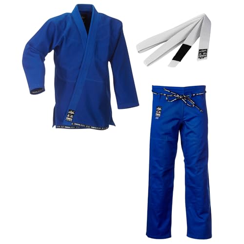 Ju-Sports BJJ Starter Gi Fortaleza Blau + BJJ Gürtel Weiß A4 I Leichter & solider Brazilian Jujutsu Anzug für Einsteiger I BJJ Gi Herren I 100% Baumwolle von Ju-Sports