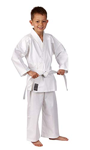 Ju-Sports Karate Anzug Bonsai Weiß 140 I Klassischer Karateanzug speziell für Kinder I Karate Kimono inkl. weißem Gürtel I Hose mit Kickzwickel & Elastikbund von Ju-Sports