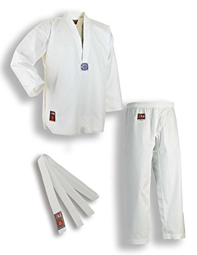 Ju-Sports Taekwondo Anzug Chagi Weiß 140 I Dobok Taekwondo für Kinder & Erwachsene I Taekwondo Kimono in Ripp-Optik inkl. weißem Gürtel I Hose mit Kickzwickel I 100% Baumwolle von Ju-Sports