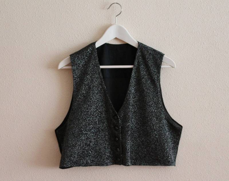 Damen Weste Brokat Schwarz Silber Steampunk Mit Metallic Glanz Viktorianisch Medium Size von JuJuVintageFinds