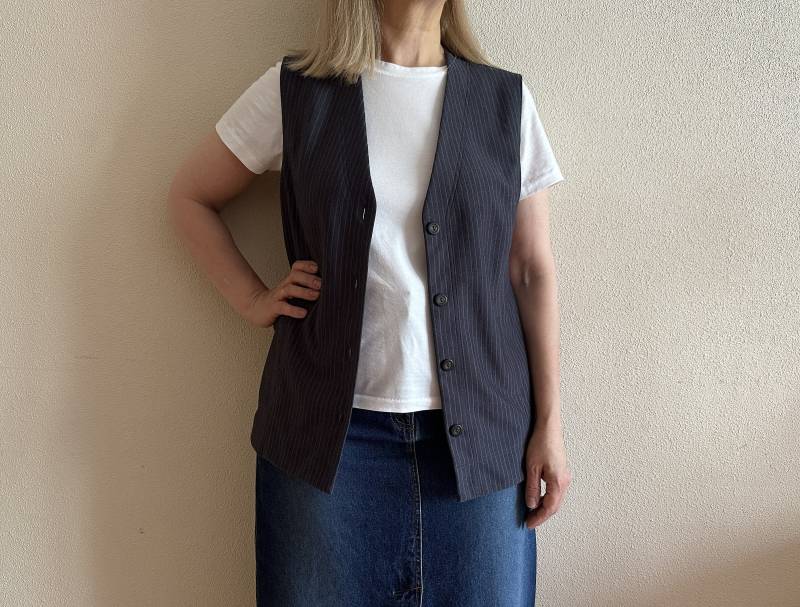 Damen Westen Grau Weste Gestreifte Womens Ausgestattet Wollmischung von JuJuVintageFinds