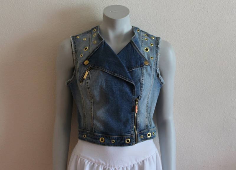 Frauen Weste Baby Phat Denim Blaue Jeansweste Reißverschluss Country Western Boho Ärmellose Jacke von JuJuVintageFinds