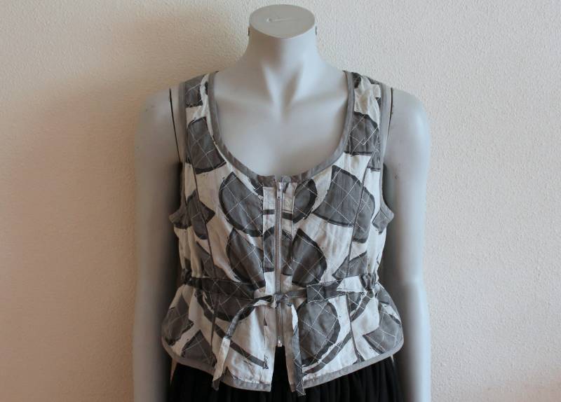 Frauen Weste Grau Grau Gemustert Taillengürtel Zip Up Romantisch Medium Size von JuJuVintageFinds