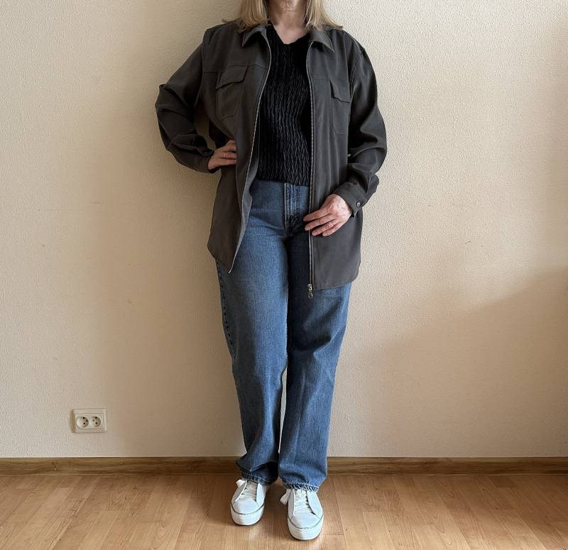 Vintage Bluse Damen Grau Frauen Shirt Langarm Top Zip Up Extra Large Size von JuJuVintageFinds