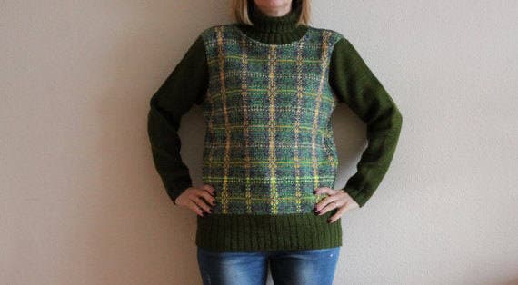 Vintage Pullover Recycled Strickpullover Upcycled Männer Frauen Pullower Rollkragen Grün Gelb von JuJuVintageFinds