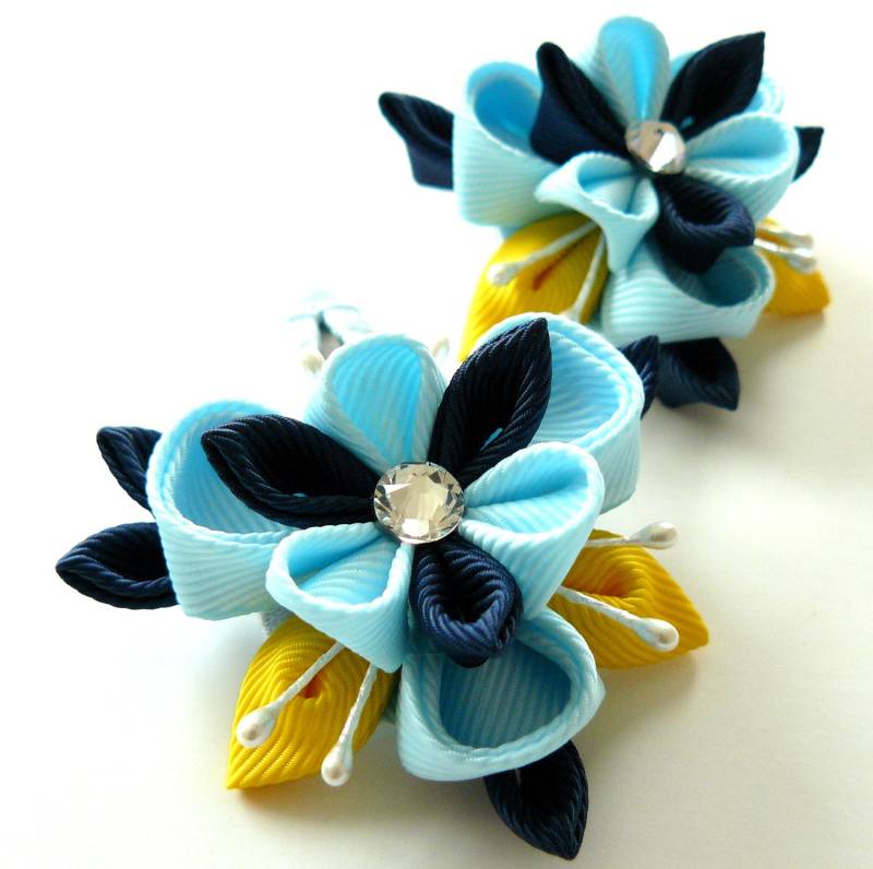 Kanzashi Blumen Haarspangen Ripsband, Blau & Gelb | 2Er Set Kanzashi Blumen Haarspangen Ripsband, Blau & Gelb | 2Er Set von JuLVa