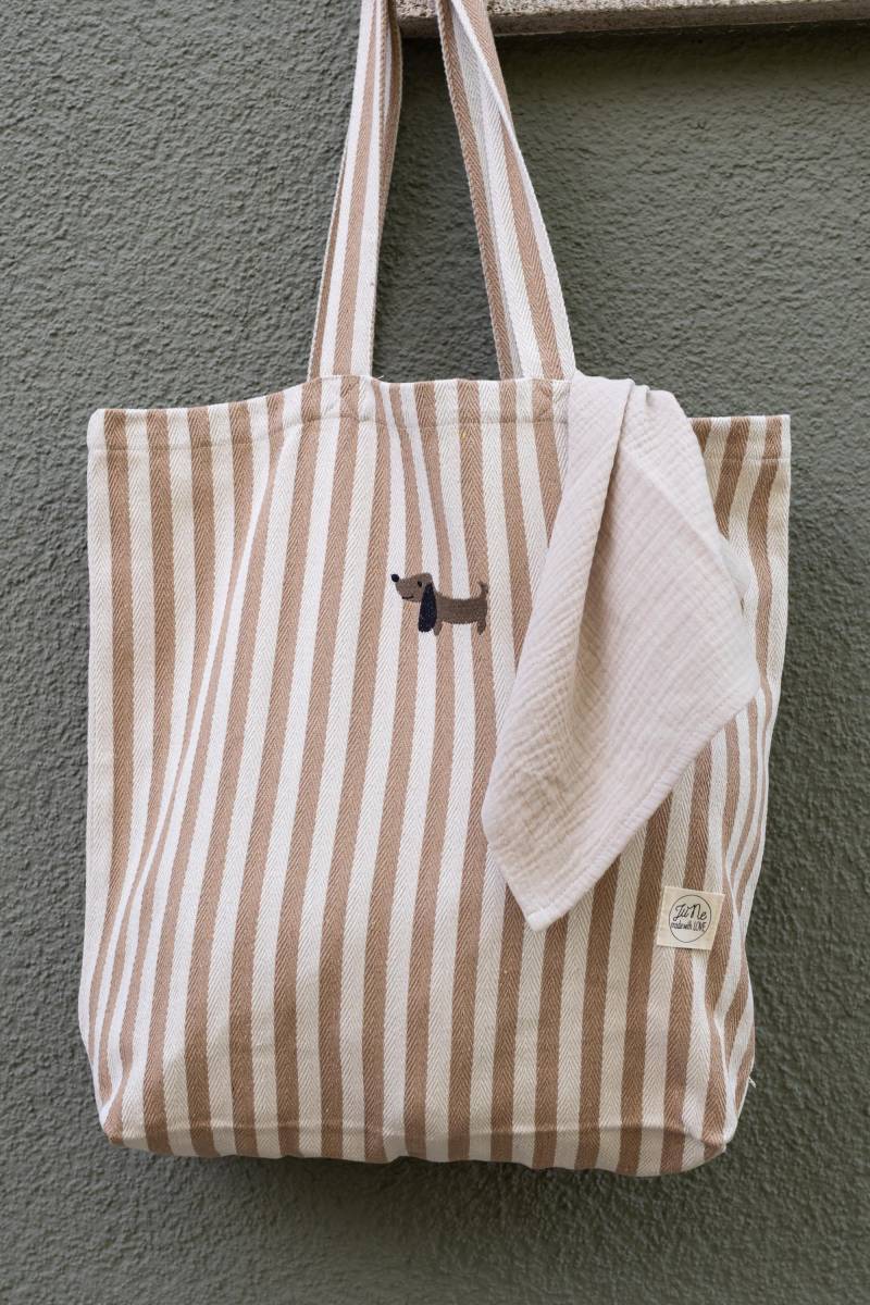 Shopper Stripes - Tasche Aus Baumwolle Mit Bestickung Dackel von JuNemadewithlove