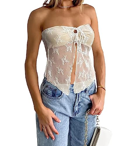 Damen Tank Top Spaghettiträger Camisoles Ärmellos Rückenfrei Cami Tops Spitze Crop Tank Top Sommer Y2K Streetwear, B-see Through White, Klein von Juakoso