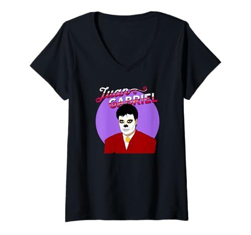 Damen Juan Gabriel Illustration mit Zuckerschädel Calavera Make-up T-Shirt mit V-Ausschnitt Damen Juan Gabriel Illustration mit Zuckerschädel Calavera Make-up T-Shirt mit V-Ausschnitt von Juan Gabriel