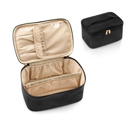 Schwarze Make-up-Tasche mit Pinsel-Organizer, große Kapazität, wasserdichte Reise-Kosmetiktasche mit Griff, Kulturbeutel aus PU-Leder für Damen, Reiseutensilien von JuanYi