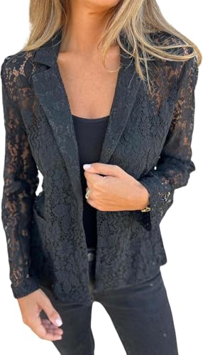 Damen Elegante Krawatte Knopf Tüll Mesh Spitze Blazer Arbeitskleidung Büro Jacke mit Taschen Mode Solide Farbe Business Arbeit Spitze Shirt (Schwarz 2,L) von Juankrynord