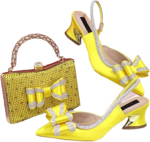 Damen Elegante Party Heels Stickerei Schuhe Tasche Set Combo Pointed Strass Heels mit Quadrat Strass Tasche Geeignet für Party Hochzeit (Gelb,38) von Juankrynord