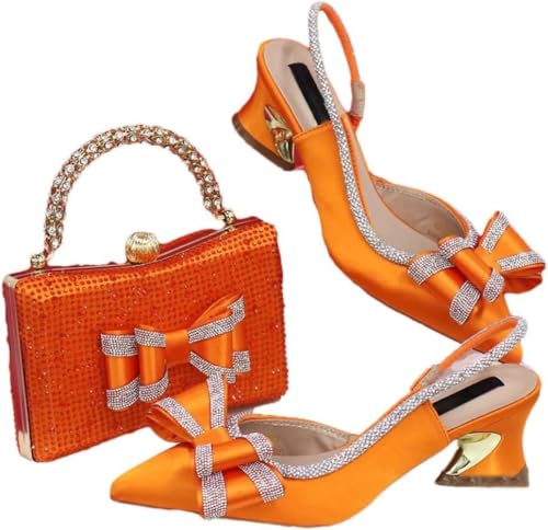 Damen Elegante Party Heels Stickerei Schuhe Tasche Set Combo Pointed Strass Heels mit Quadrat Strass Tasche Geeignet für Party Hochzeit (Orange,38) von Juankrynord