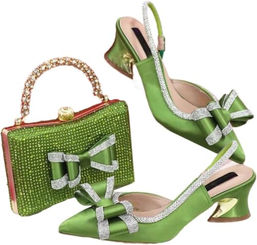 Damen Elegante Party Heels Stickerei Schuhe Tasche Set Combo Pointed Strass Party Heels mit Quadrat Strass Tasche Geeignet für Party Hochzeit (Grüns,39) von Juankrynord