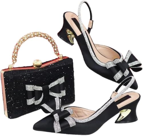 Damen Elegante Party Heels Stickerei Schuhe Tasche Set Combo Pointed Strass Party Heels mit Quadrat Strass Tasche Geeignet für Party Hochzeit (Schwarz,42) von Juankrynord