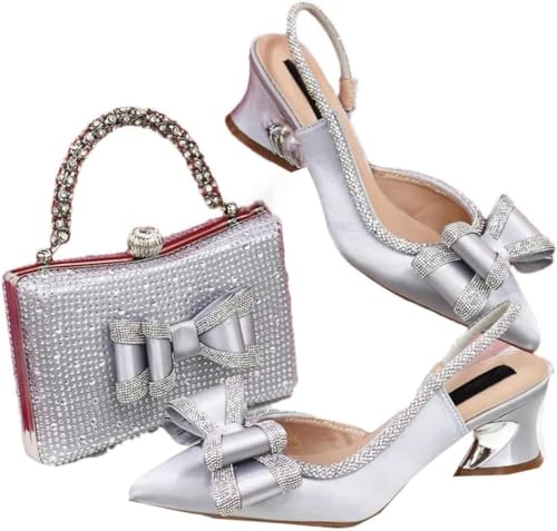 Damen Elegante Party Heels Stickerei Schuhe Tasche Set Combo Pointed Strass Party Heels mit Quadrat Strass Tasche Geeignet für Party Hochzeit (Silver,41) von Juankrynord