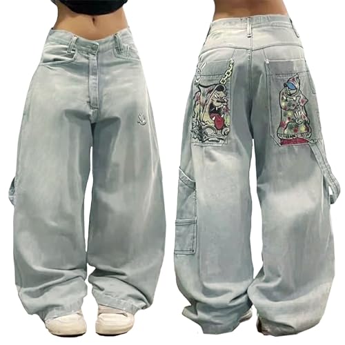Damen Frühlingsjeans mit besticktem Hip-Hop-Muster lockere Jeans im College-Stil Boyfriendjeans mit weitem Bein Mid-Low-Rise-Jeans Vintage-Jeans der 90er (Grau Blau-003,S) von Juankrynord