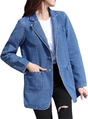 Damen Jeansjacke mit Revers Vintage Jeansblazer mit Zwei Knöpfen einreihig Vintage lässige Taschen einfarbig Bürojacke (Blau,L) von Juankrynord