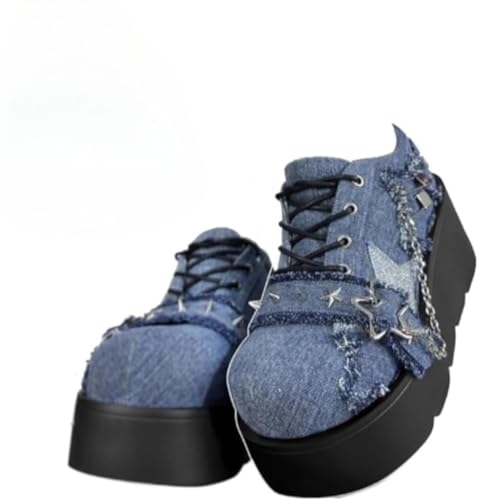 Damen Plateau-Schnürschuhe mit dicker Sohle und runder Zehenpartie Kawaii Y2K Only Lolita-Mädchen-Geschenk mit Kette und Stern-Accessoires Muffin-Schuhe mit dicker Sohle (Blau,35) von Juankrynord