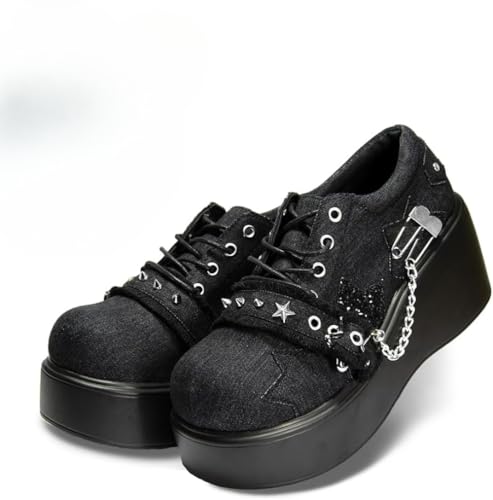 Damen Plateau-Schnürschuhe mit dicker Sohle und runder Zehenpartie Kawaii Y2K Only Lolita-Mädchen-Geschenk mit Kette und Stern-Accessoires Muffin-Schuhe mit dicker Sohle (Schwarz,39) von Juankrynord