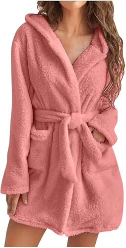 Damen Winter Bademantel Mittellang Bequemer Warmer weicher Bademantel mit Kordelzug und Taschen Winter Home Plüsch Pyjama mit Kapuze (Rosa,L) von Juankrynord