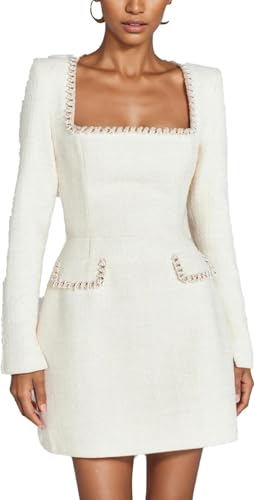 Damen Winter Elegant Schlank Tweed Kleid Formal Party Minikleid Langarm Quadratischer Ausschnitt Perle Verschönert A-Linie Kleine Chiffon Kleider (Weiß,M) von Juankrynord