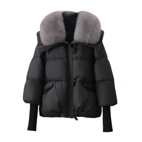 Damen Winterjacke mit großem haarigem Kragen verdickter kurzer Daunenmantel verdickter Daunenparka gestrickte Ärmel Schalmantel Wind- und Schneejacke warm wattierte Winterjacke (Schwarz,M) von Juankrynord