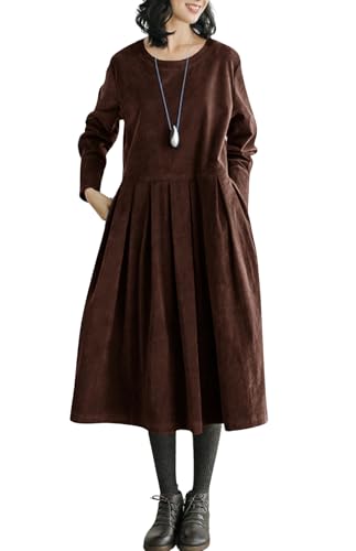 Damenmode Herbst Elegant A-Linie Puppe Hals Cord Kleid Niedlich Langarm Plissee Pullover mit Taschen Midi-Kleider (Braun,L) von Juankrynord